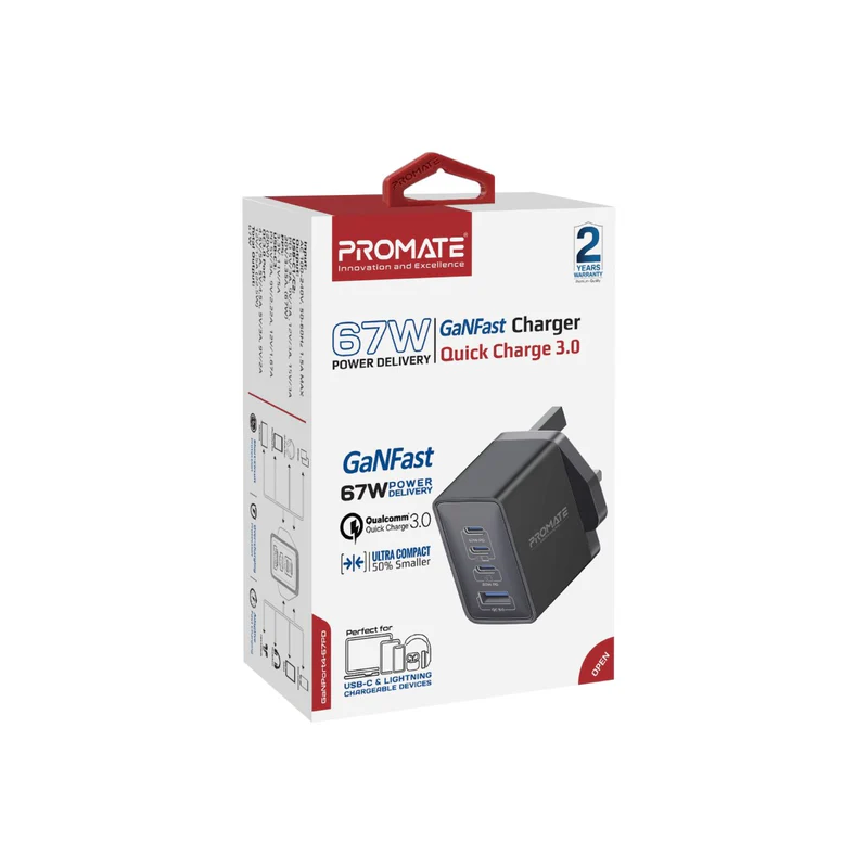Promate GaNPort4-67PD 67W Power Delivery GaNFast Charger with Quick Charge 3.0 - Black Promate GaNPort4-67PD 67W Power Delivery GaNFast Charger with Quick Charge 3.0 - Black